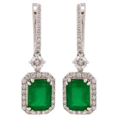 Zambian Emerald Fine Dangle Earrings 14k White Gold SI Clarity HI Color Diamond