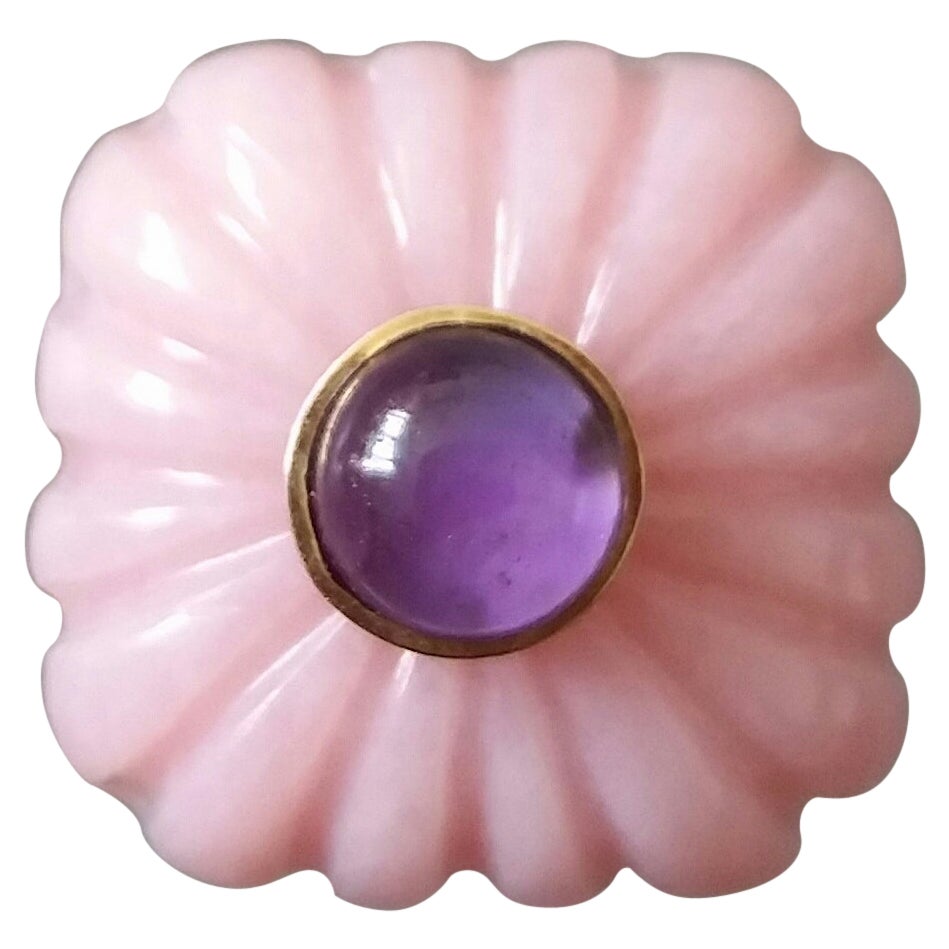 Art Deco Style Carved Cushion Pink Opal Round Amethyst Cab Gold Cocktail Ring