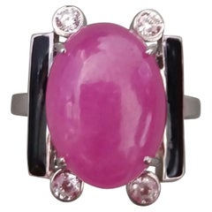 Art Deco Style 15 Carat Oval Ruby Cabochon Diamonds 14k Gold Black Enamel Ring