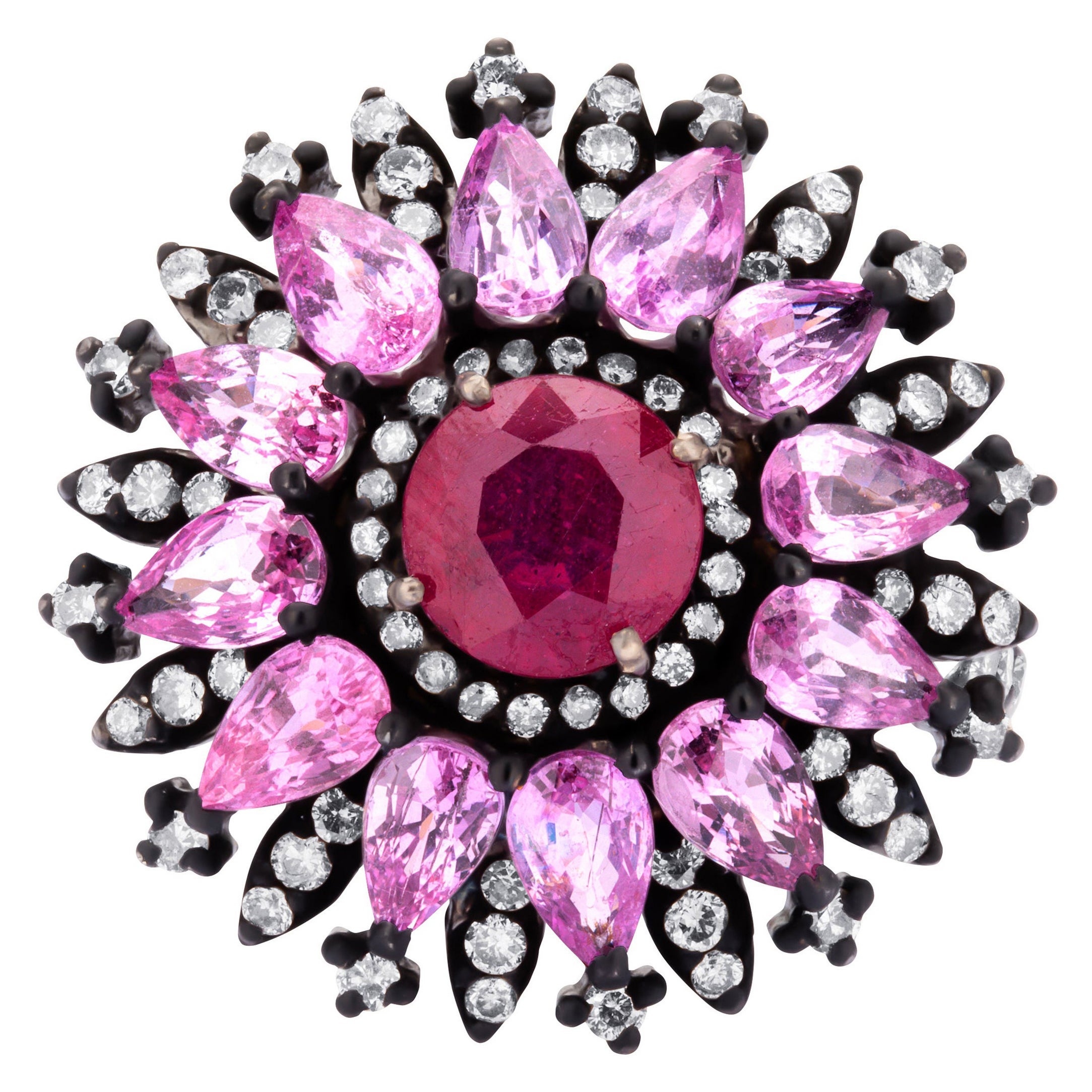 viktorianisch 5.92 Karat. T.W Rubin-, rosa Saphir- und Diamant-Cluster-Blumenring im Angebot