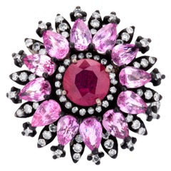 Victorian 5.92cttw Ruby, Pink Sapphire & Diamond Cluster Flower Ring
