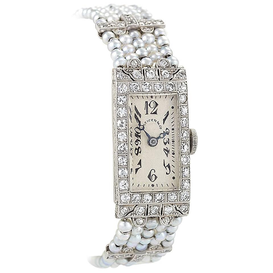 Dreicer & Co Art Deco Diamond, Seed Pearl, Platinum and Gold Wristwatch