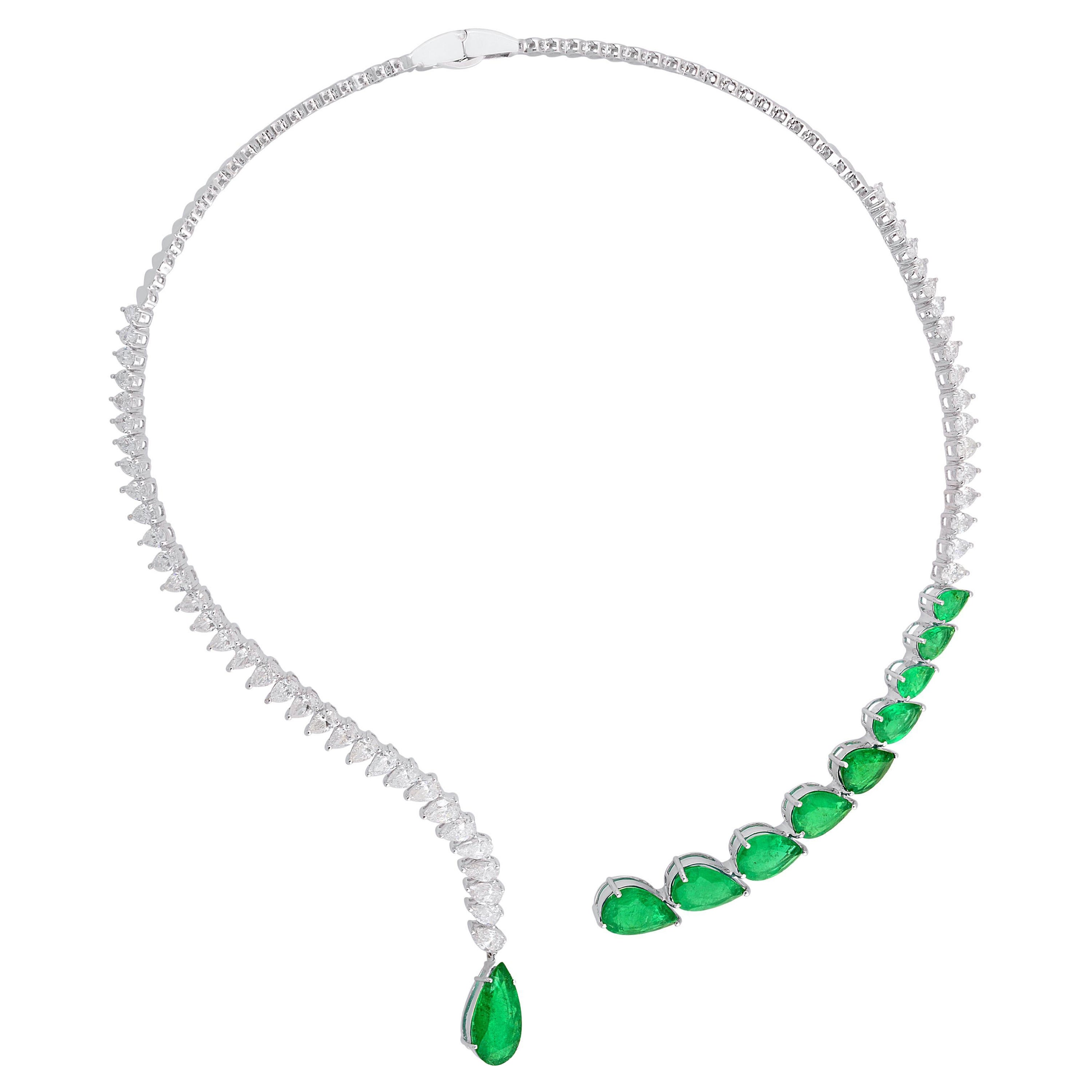 Birnenförmiger natürlicher Smaragd-Edelstein-Kragen-Halskette Diamant 14 Karat Weißgold