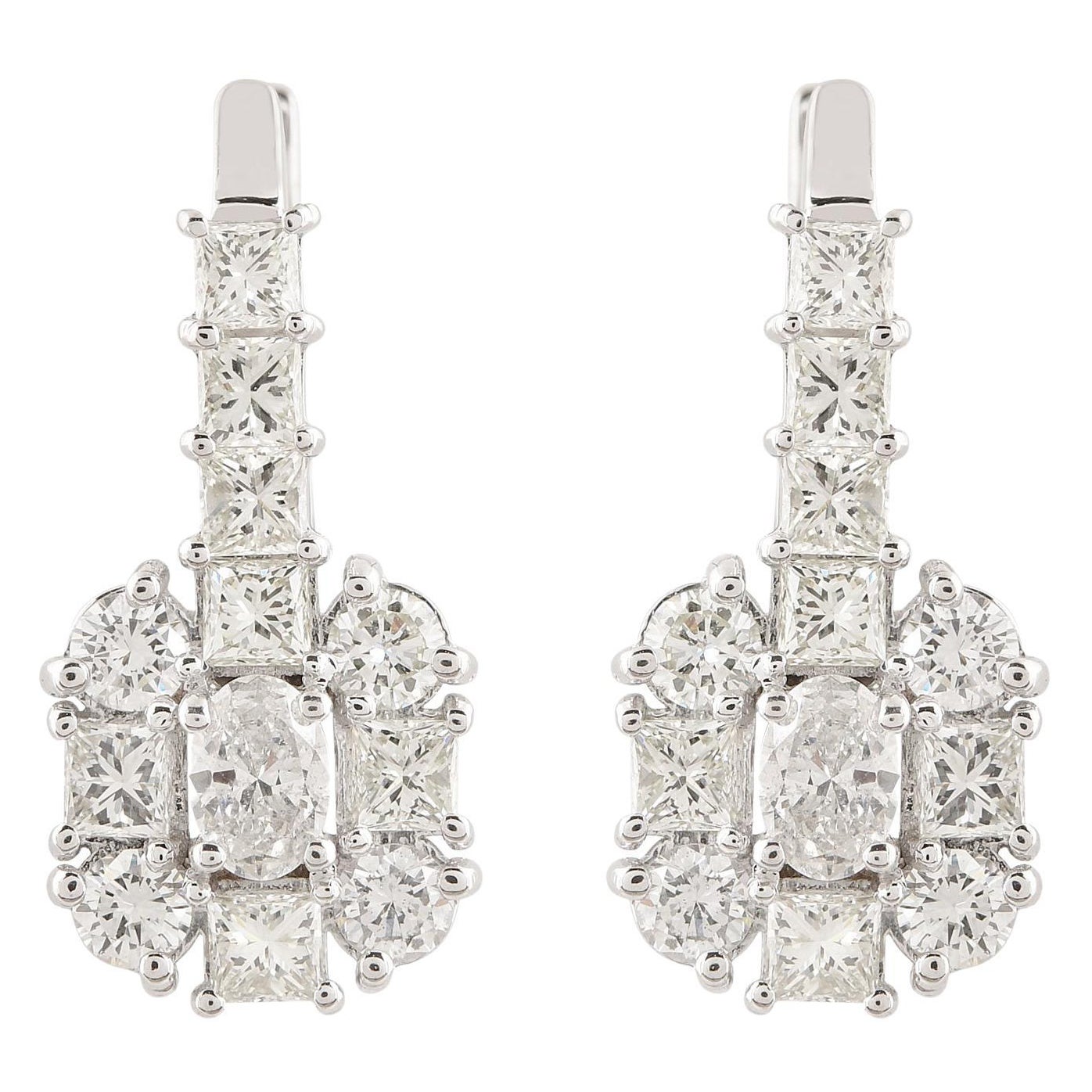 2.50 Carat Princess Baguette Diamond Long Stud Earrings 14k White Gold Jewelry For Sale