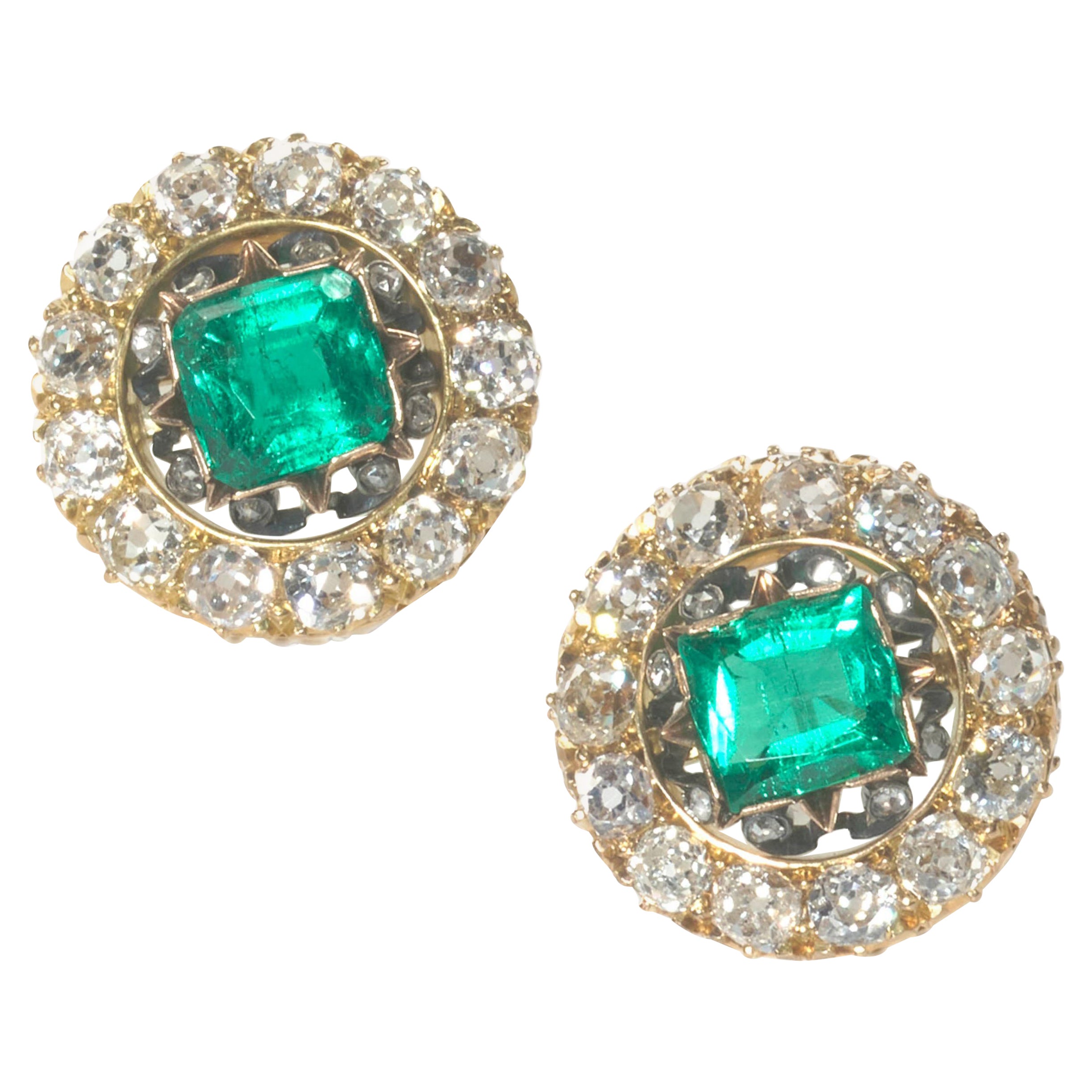 Antique Colombian Emerald, Diamond and Gold Earrings For Sale
