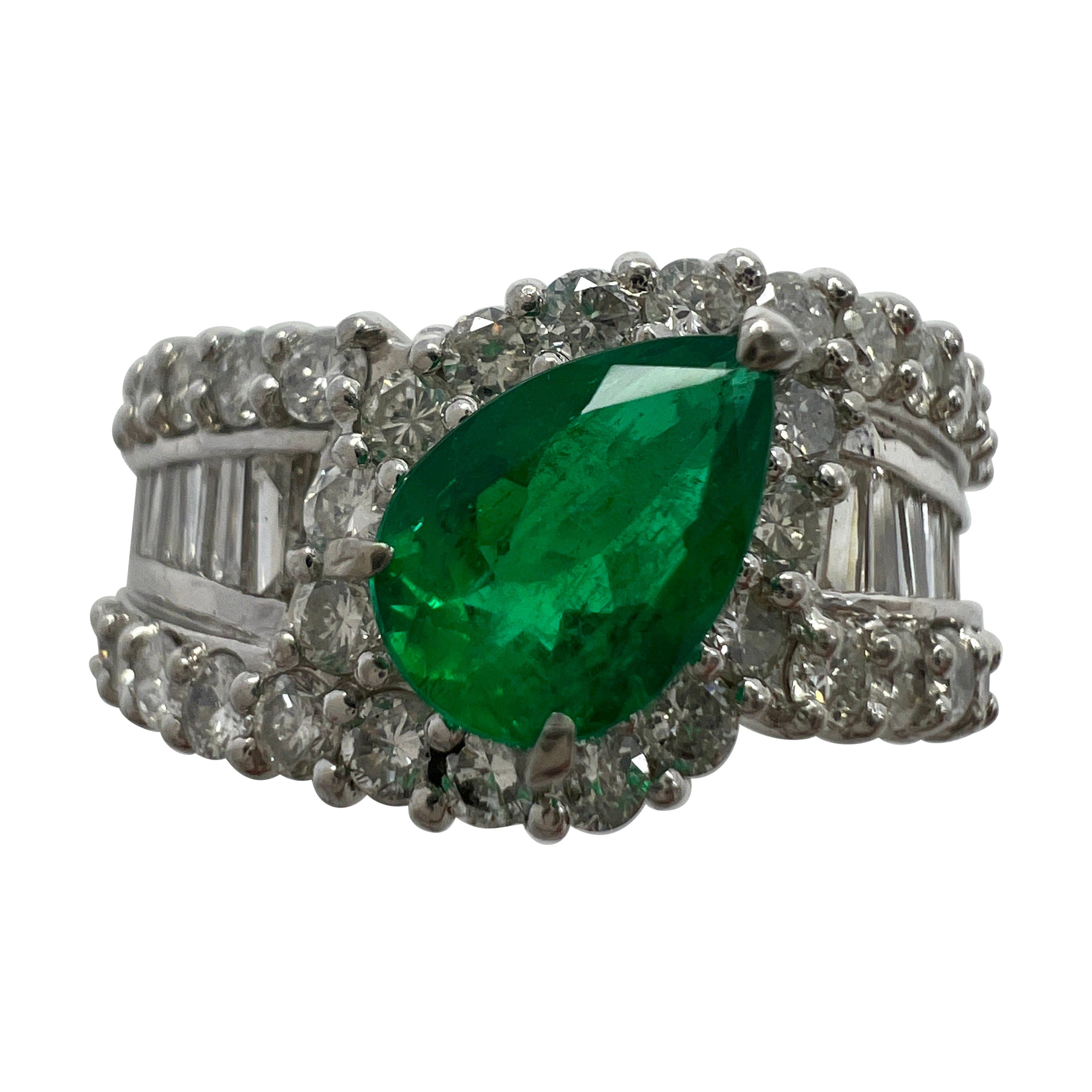 2.10ct Vivid Green Pear Cut Colombian Emerald & Diamond Platinum Cluster Ring
