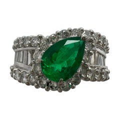 2.10ct Vivid Green Pear Cut Colombian Emerald & Diamond Platinum Cluster Ring