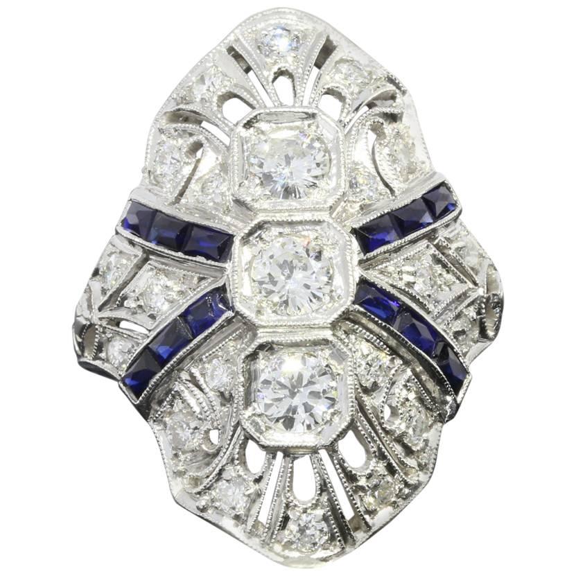 Art Deco Sapphire Diamond Platinum Filigree Ring
