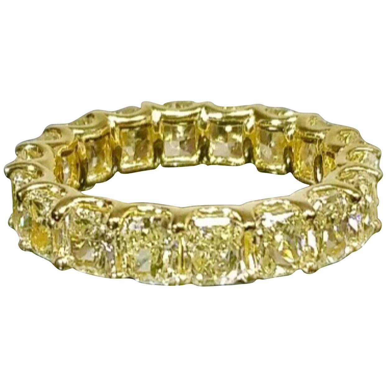 Fancy Vivid Radiant Yellow Diamond Gold Eternity Band Ring For Sale at 1stdibs