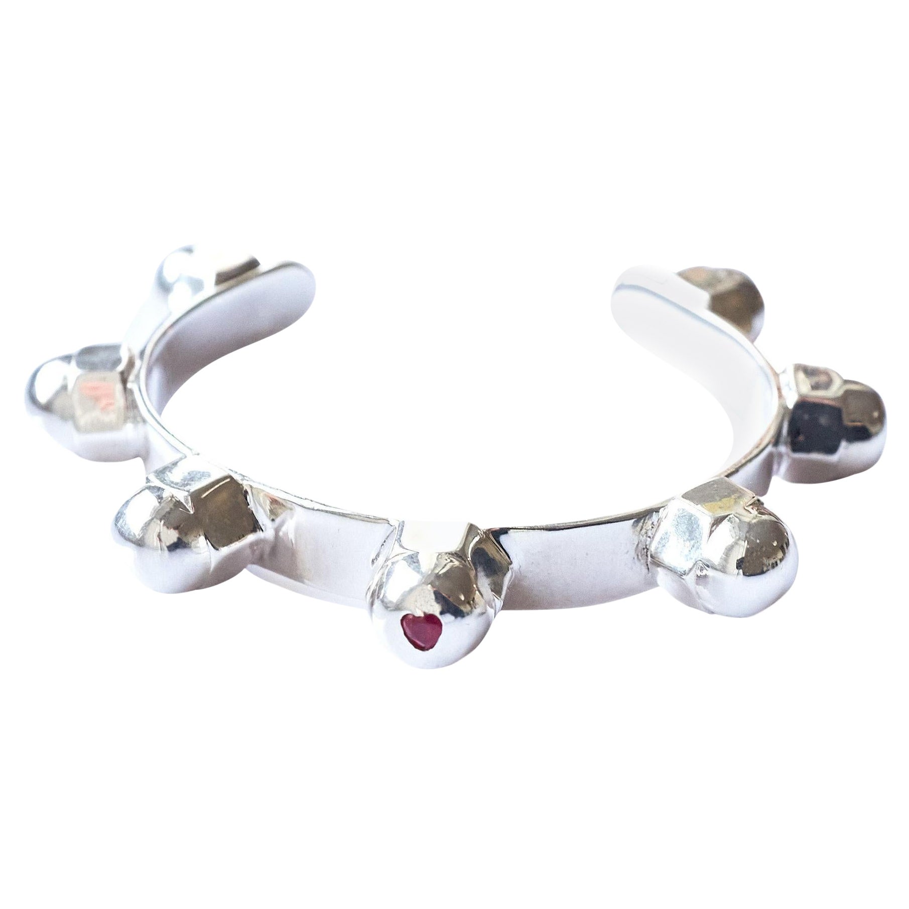 Heart Ruby Cuff Bangle Bracelet Sterling Silver Studs J Dauphin For Sale