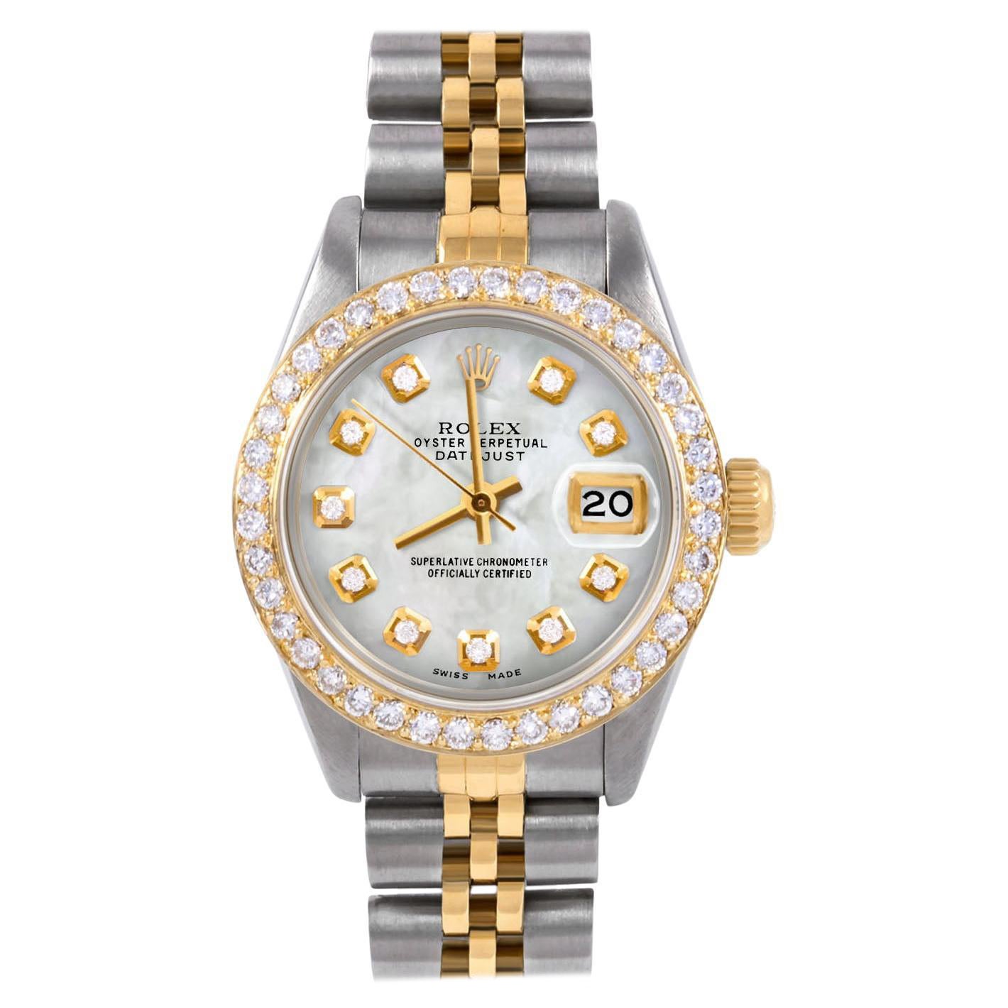 Rolex Lady TT Datejust Mother of Pearl Diamond Dial Diamond Bezel Jubilee Watch For Sale