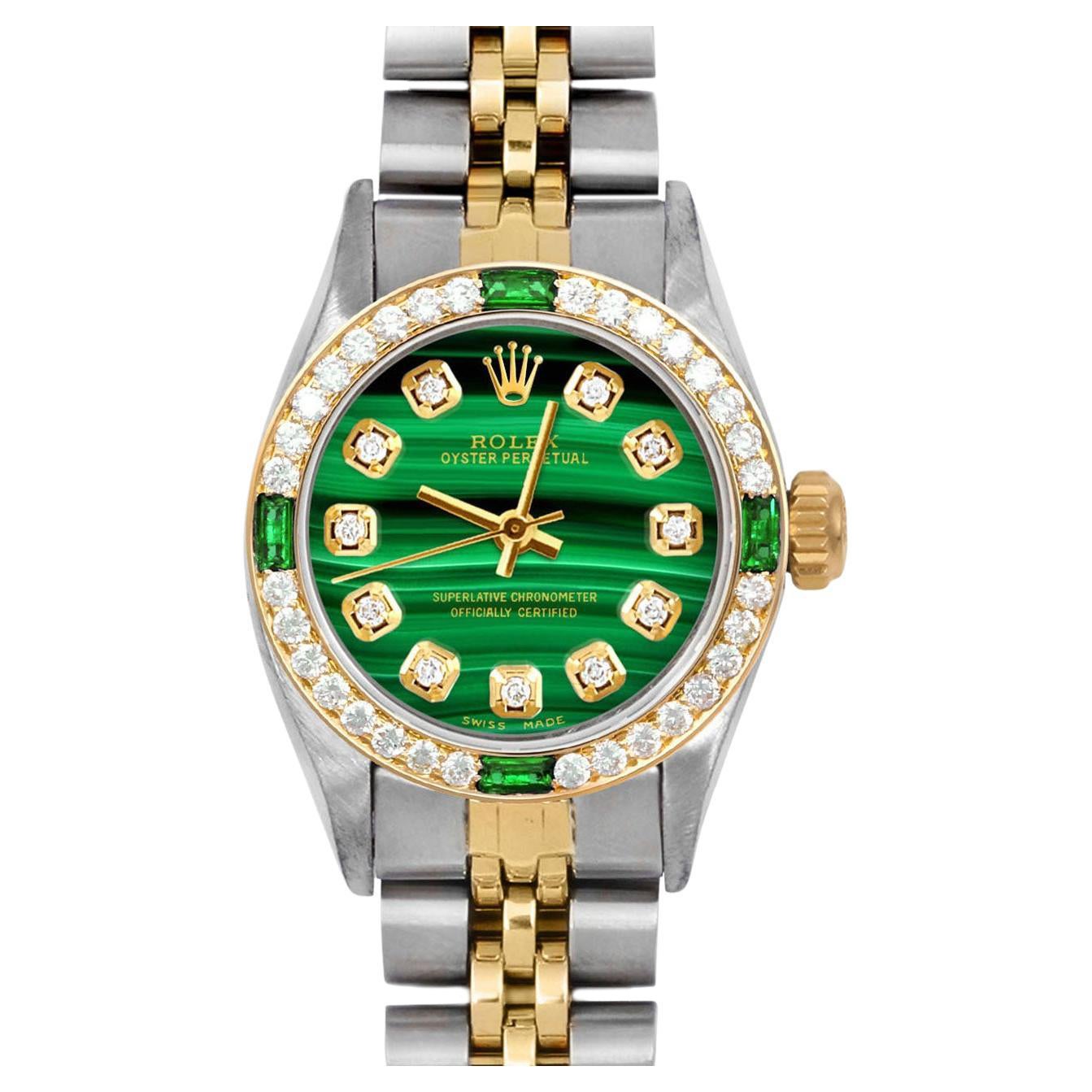 Rolex Ladies Oyster Perpetual Malachite Diamond Dial Emerald Diamond Bezel Watch