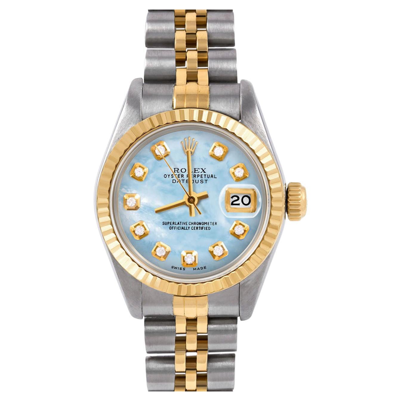 Rolex Ladies Two Tone Datejust Blue Mother-of-Pearl Diamond Dial Jubilee Watch
