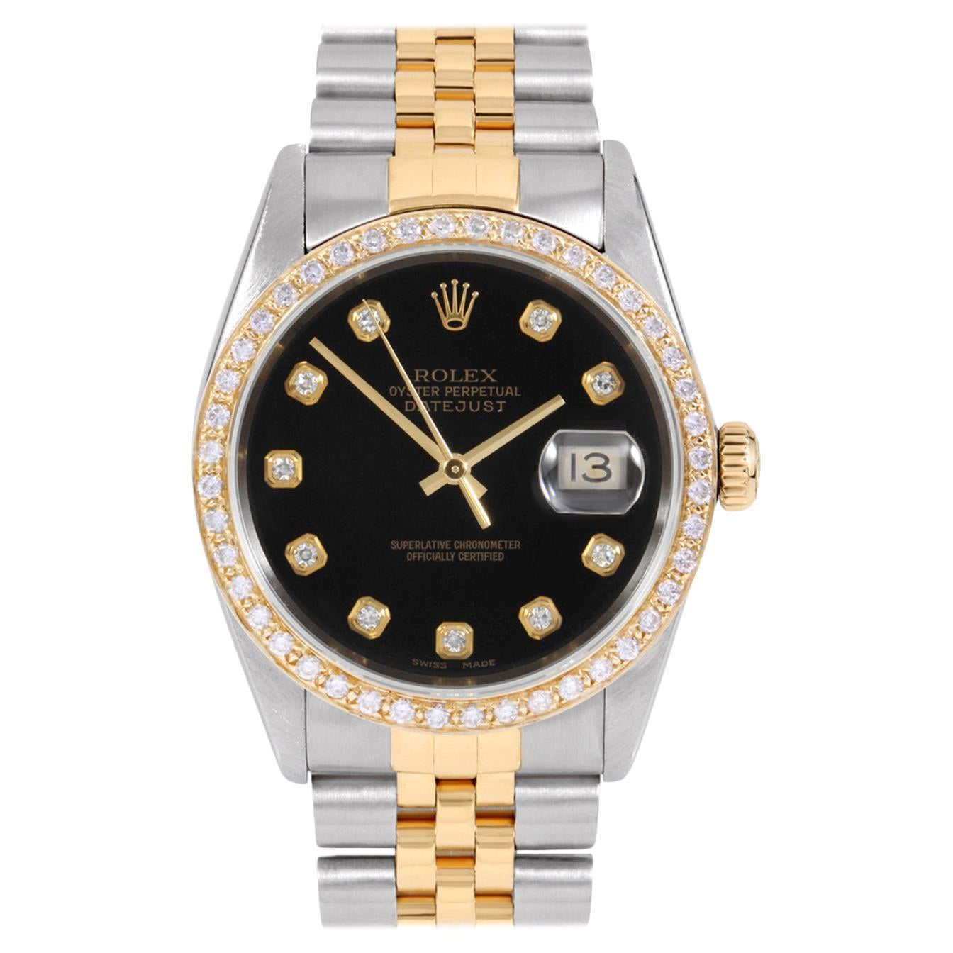 Rolex Mens TT Datejust Black Diamond Dial Diamond Bezel Watch Ref#16013 For Sale