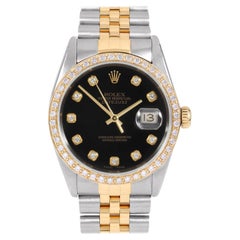 Rolex Mens TT Datejust Black Diamond Dial Diamond Bezel Watch Ref#16013