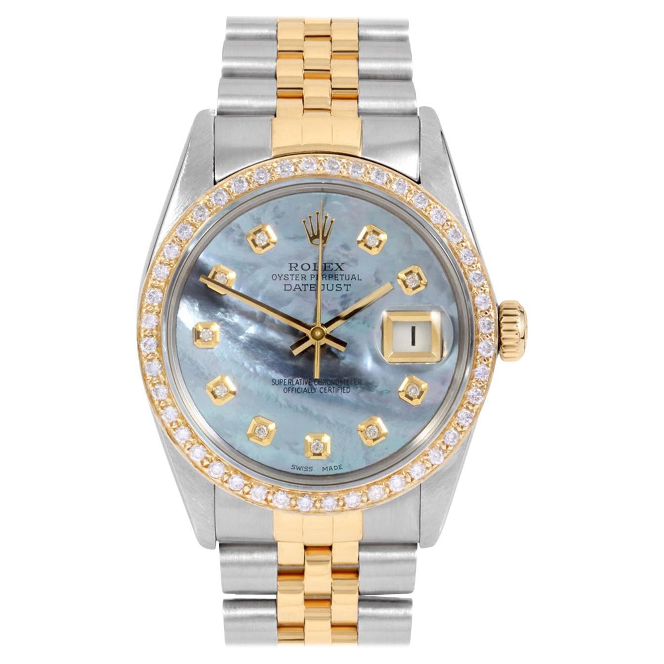 Rolex Mens TT Datejust Blue MOP Diamond Dial Diamond Bezel Watch Ref#16013 For Sale