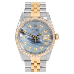 Rolex Mens TT Datejust Blue MOP Diamond Dial Diamond Bezel Watch Ref#16013