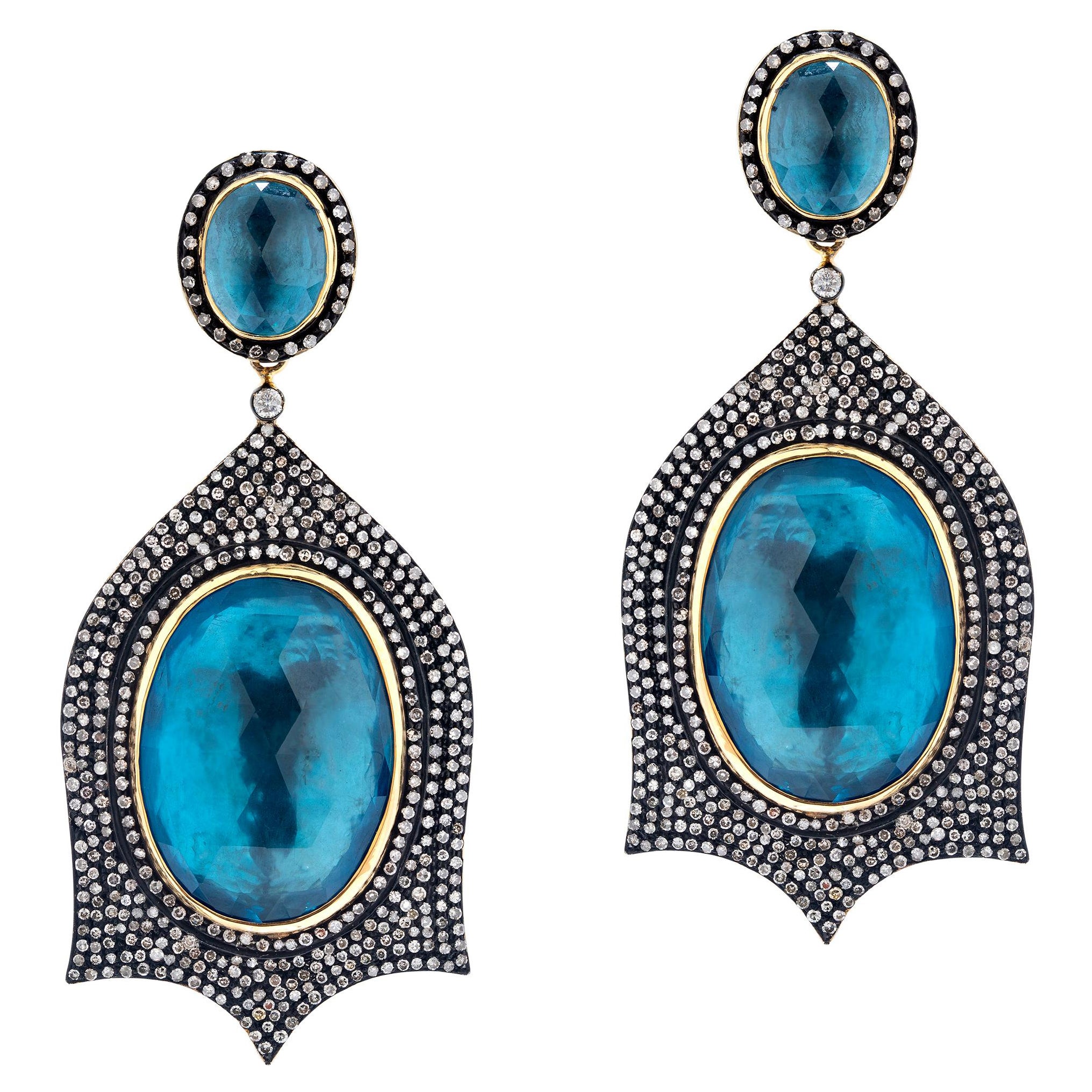 Gemistry, Victorian 56.4ct T.W. Diamond and London Blue Topaz Dangle Earrings For Sale