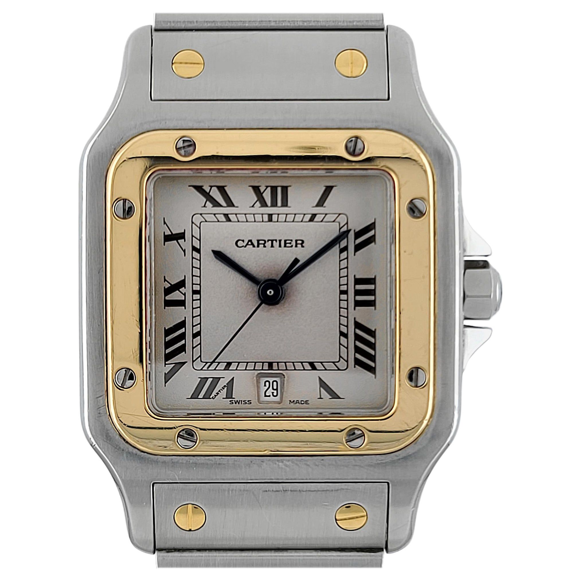 Cartier Santos Galbee Date 1566 Large LM GM 18k Gold Stainless Steel Carree