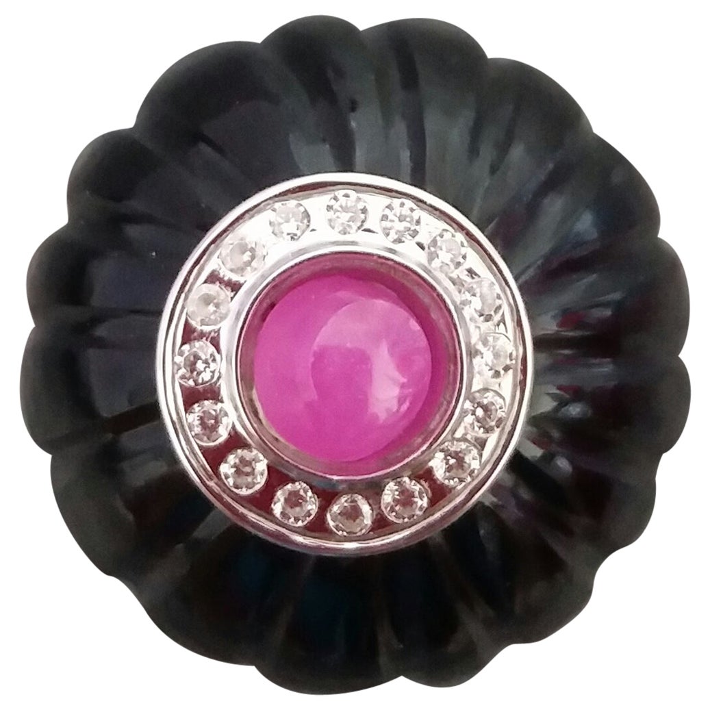 Art Deco Style Black Onyx Carved Ball Ruby 14k White Gold Diamonds Cocktail Ring