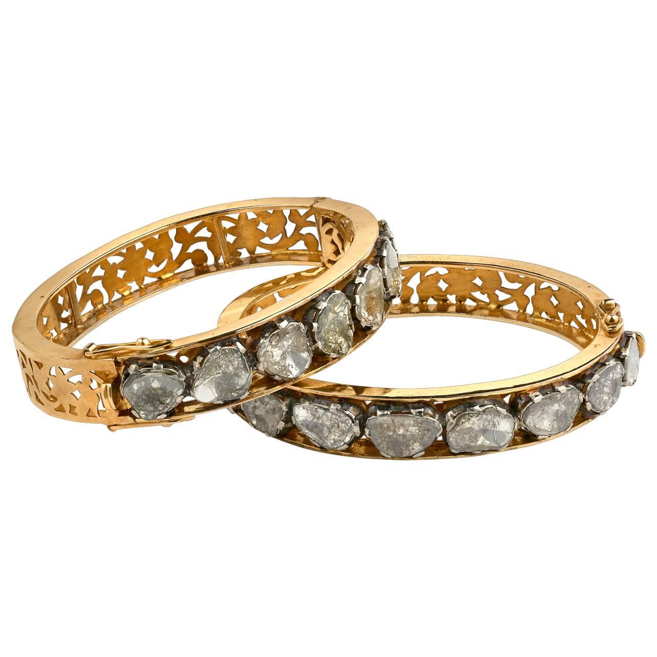 Pair of 20th Century Indian Diamond Gold Bracelets For Sale