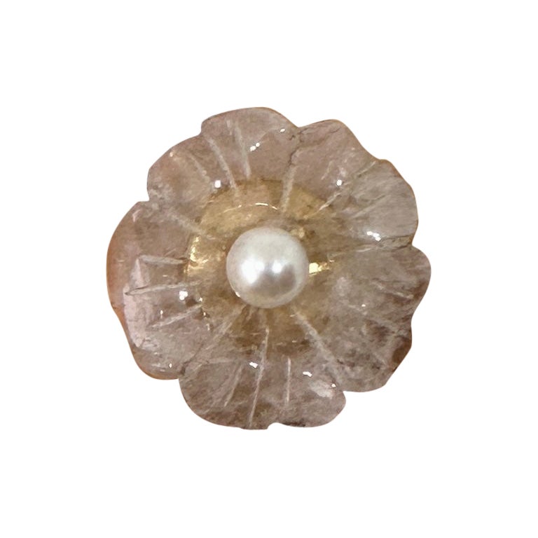 Rose Quartz Pearl Flower Ring Antique Art Deco 14 Karat Gold Hand Carved For Sale