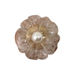 Rose Quartz Pearl Flower Ring Antique Art Deco 14 Karat Gold Hand Carved