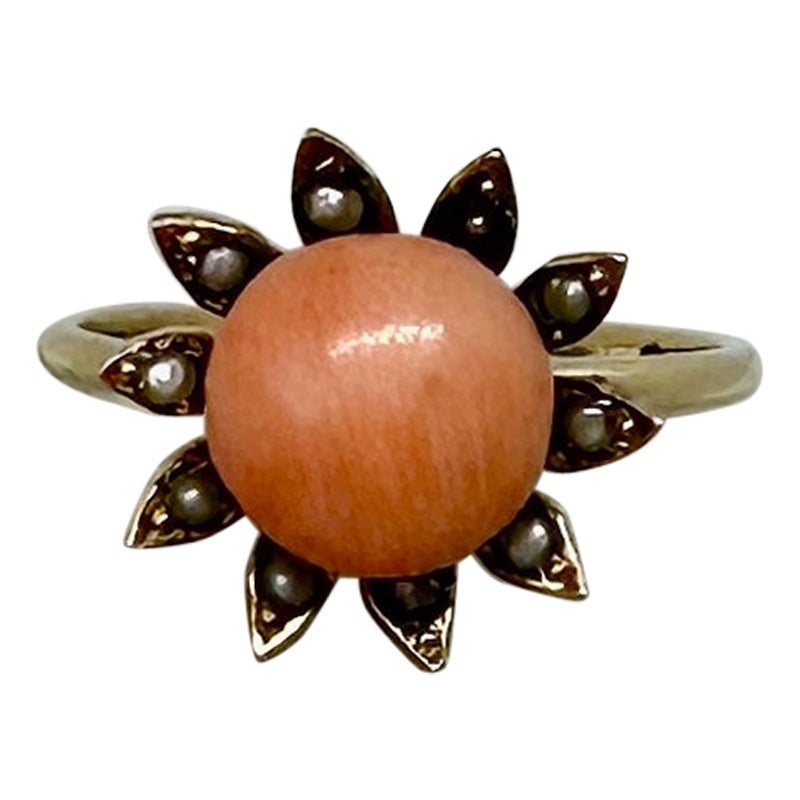 Victorian Coral Pearl Daisy Flower Ring Gold Antique, circa 1880