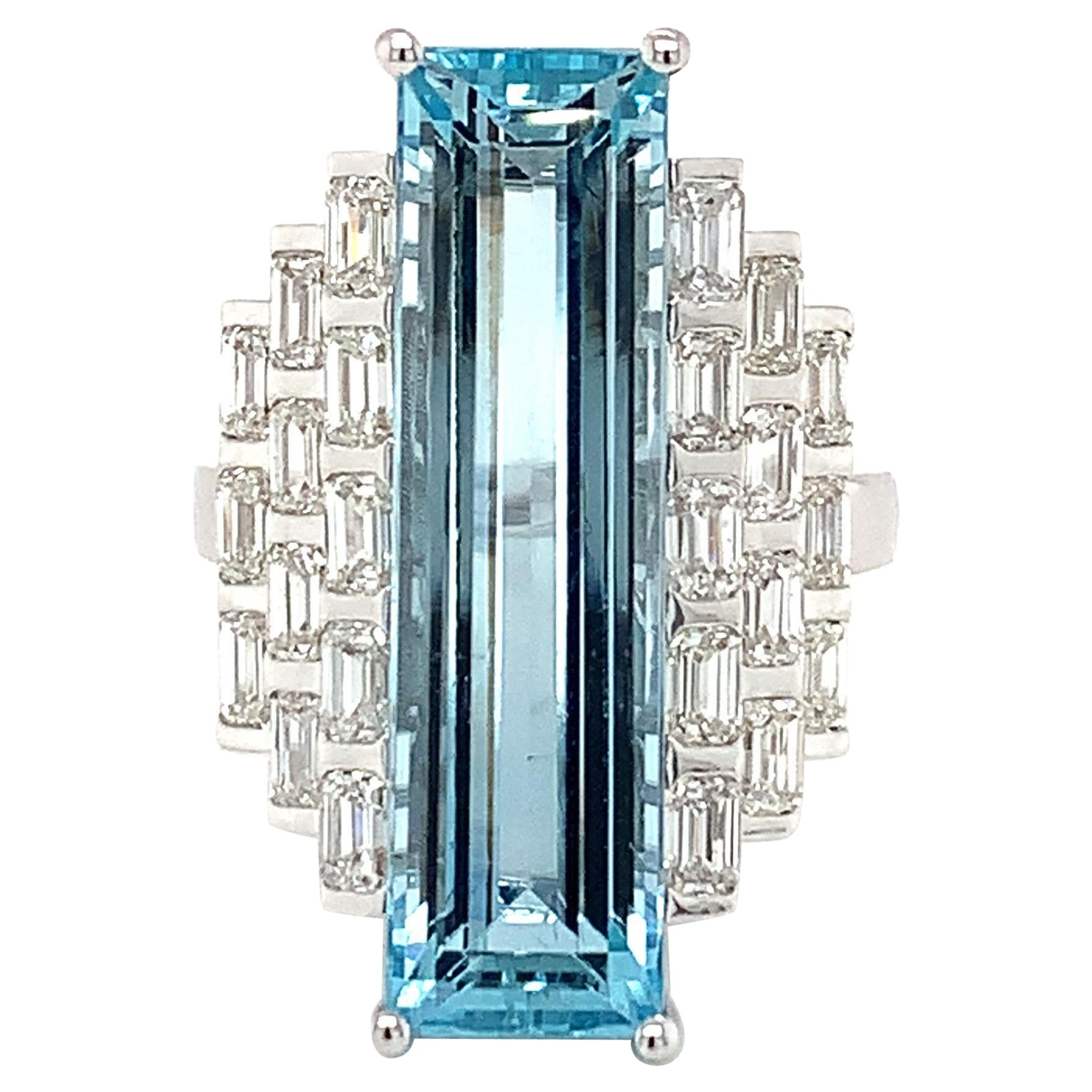 8.49 Carat Aquamarine Diamond White Gold Deco Ring