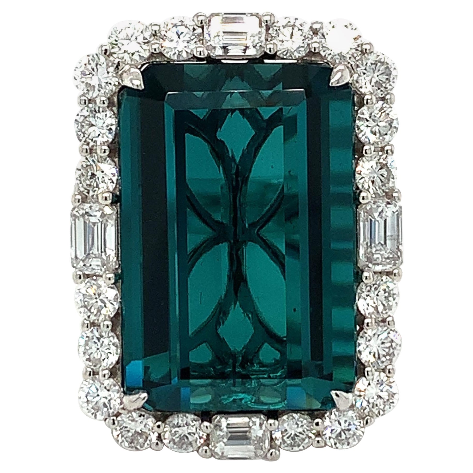 21.33 Carat Indicolite Tourmaline Diamond White Gold Cocktail Ring For Sale