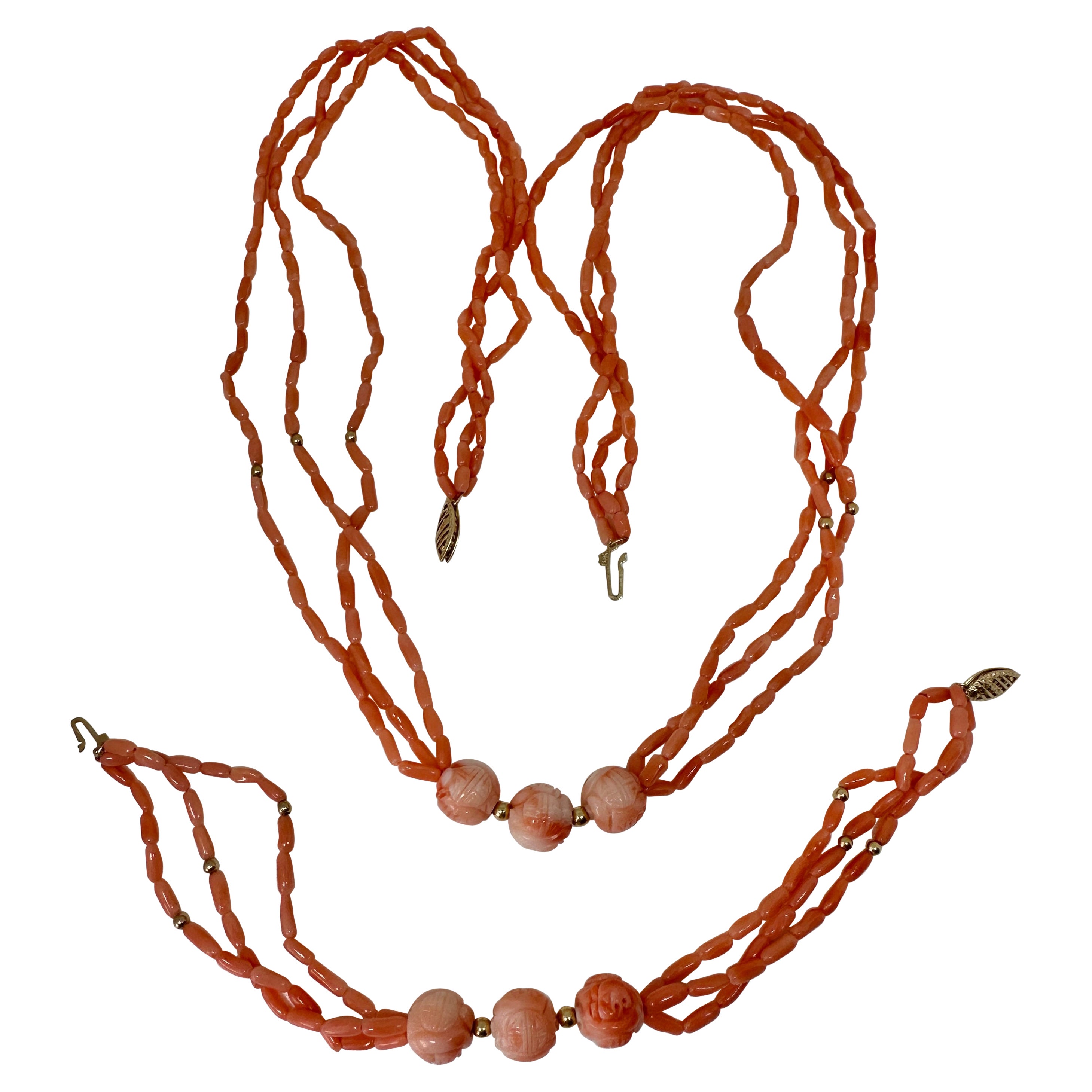Salmon Coral Necklace and Bracelet 14 Karat Gold Three Strand Hand Carved Beads For Sale