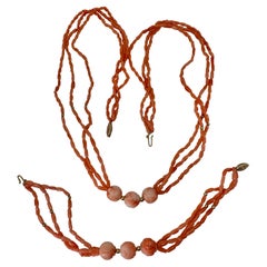 Salmon Coral Necklace and Bracelet 14 Karat Gold Three Strand Hand Carved Beads