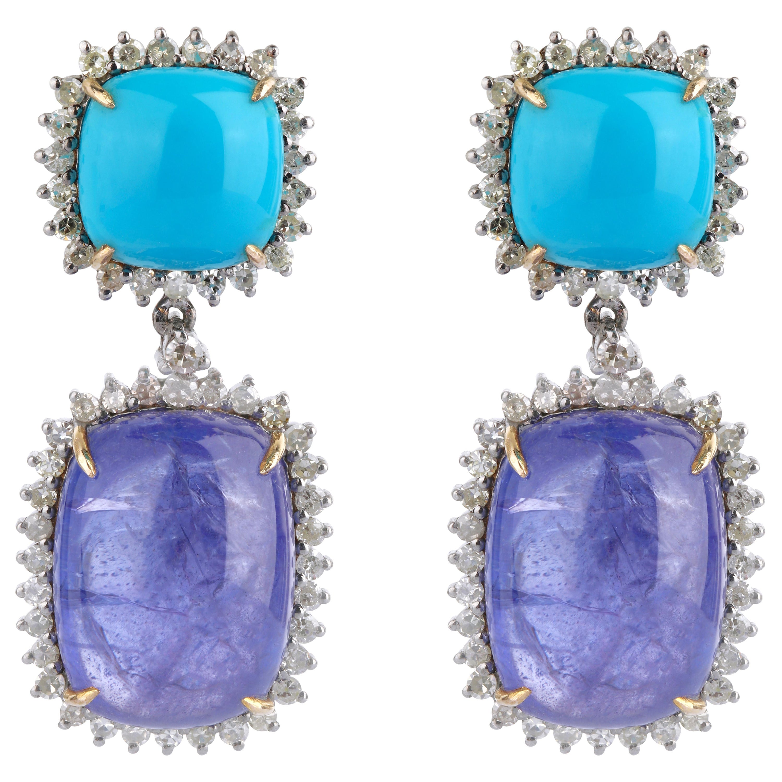 30.07 Carats Diamond, Tanzanite, and Turquoise Dangle Earrings in Modern Style For Sale