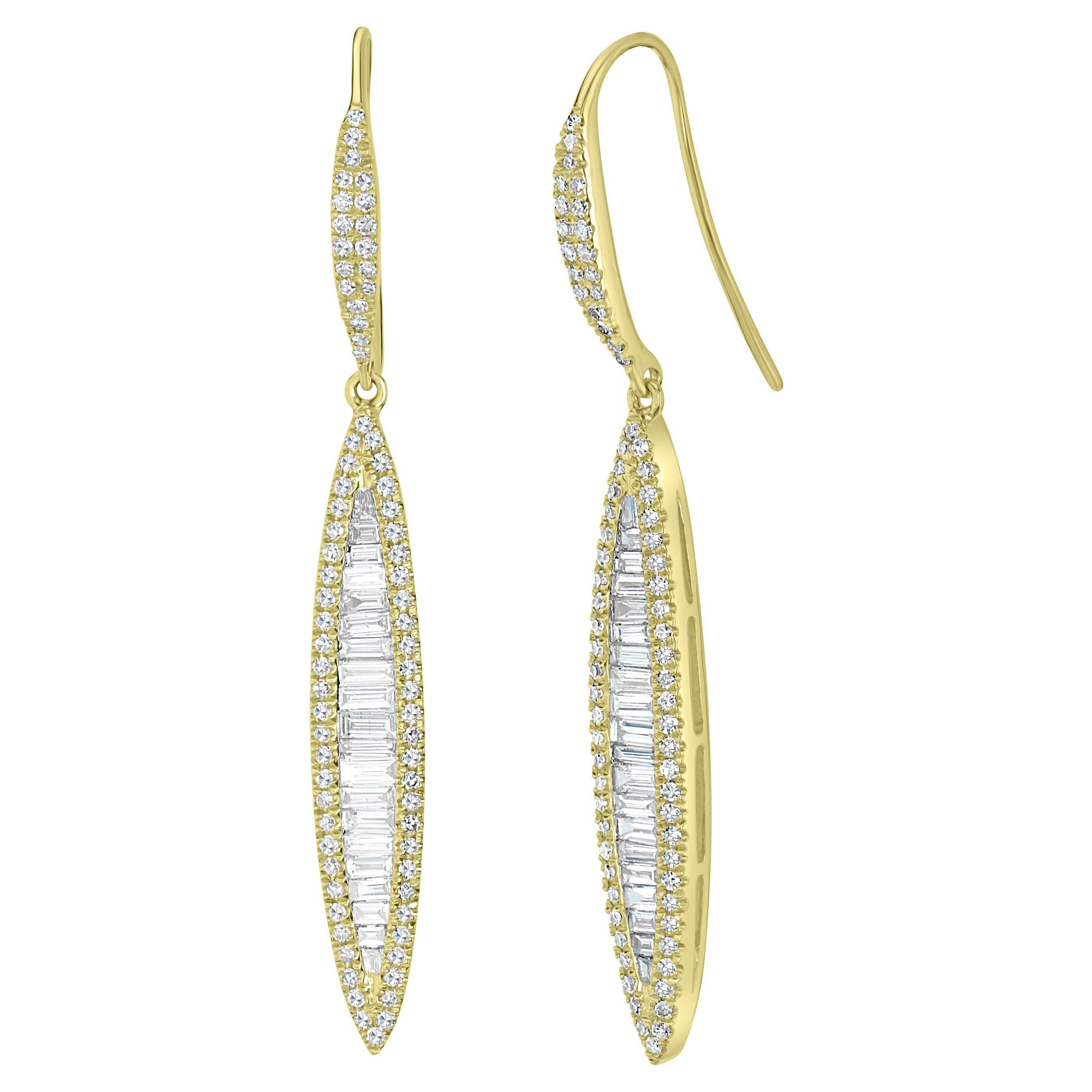 Luxle 1.03 Ct T.W Baguette and Round Diamond Dangle Earrings in 18k Yellow Gold For Sale