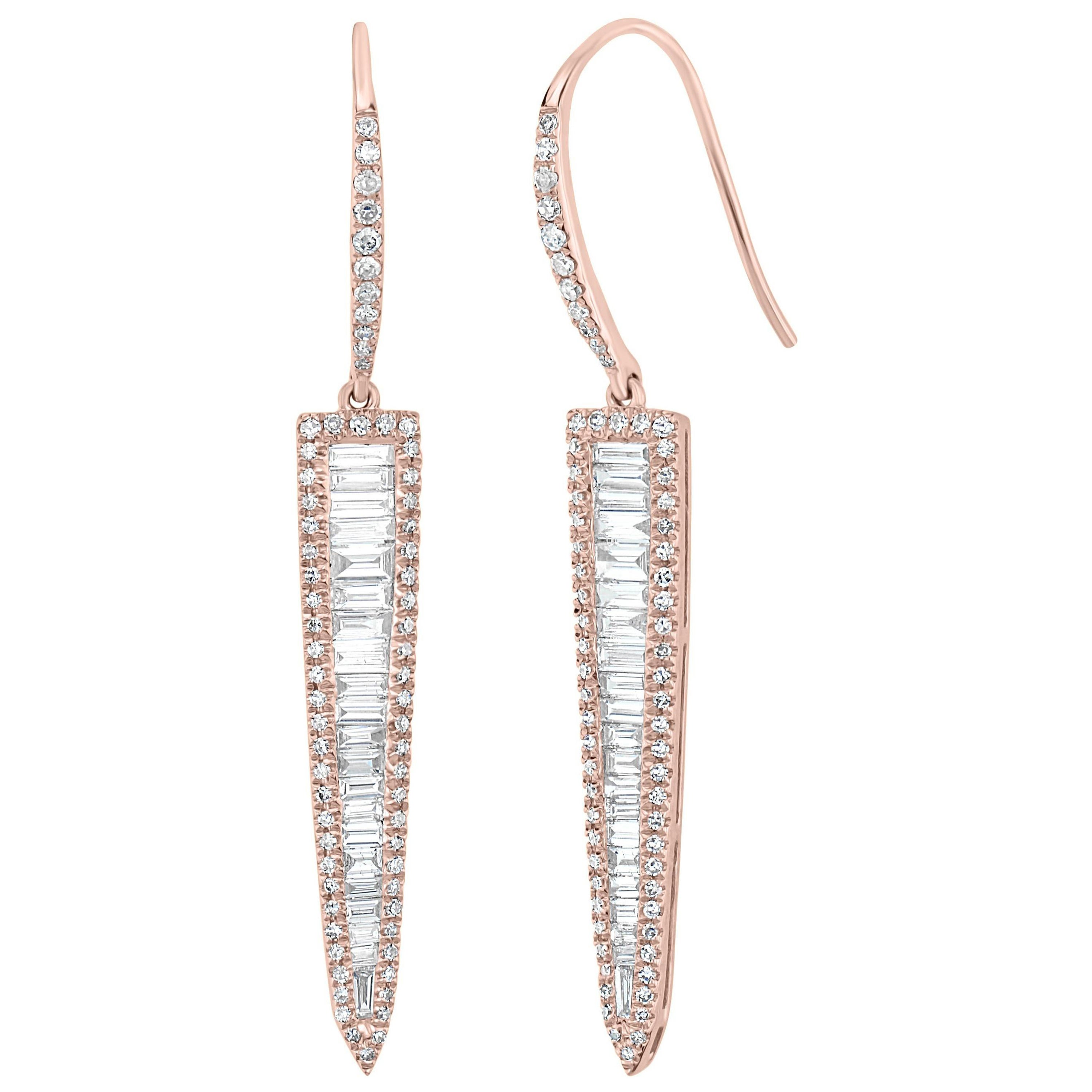 Luxle 1.27 Carat T.W Baguette Diamond Triangular Drop Earrings in 14k Rose Gold For Sale