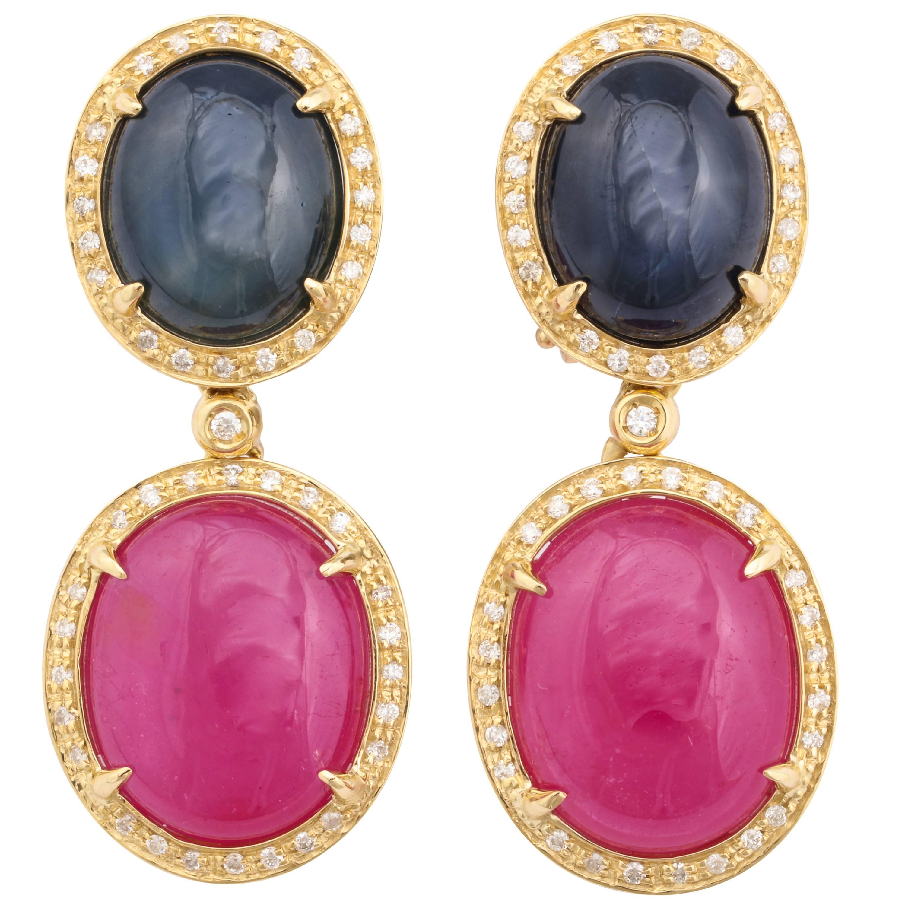 Faraone Mennella Blue Star Sapphire Ruby Diamond Gold Drop Earrings For Sale