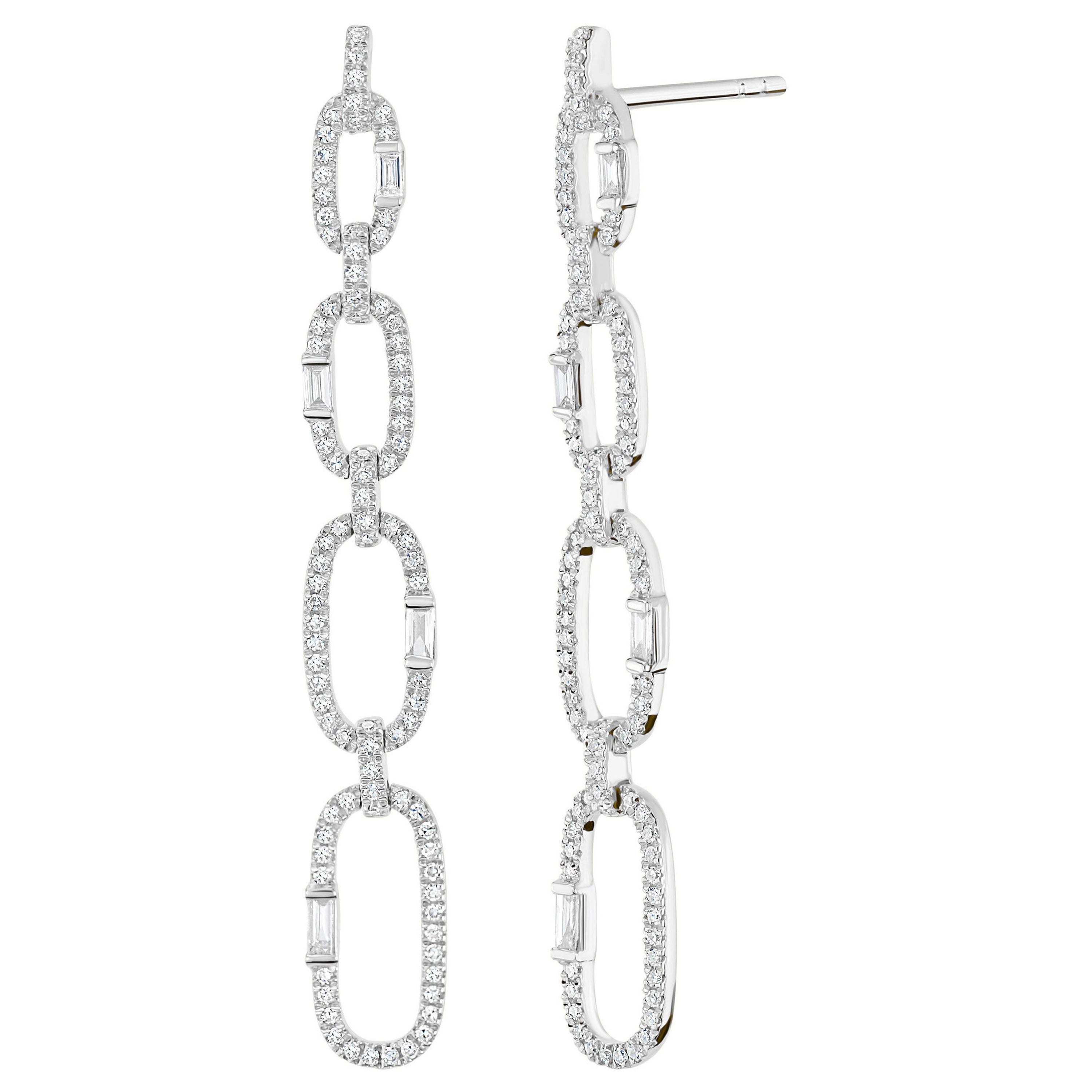 Luxle 0.73cttw Baguette and Round Diamond Link Drop Earrings in 18k Gold For Sale