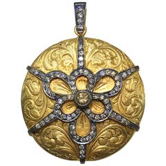 Diamond Gold Black Rhodium Scroll Medallion Disc Pendant