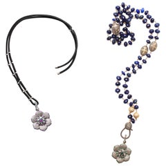 Clarissa Bronfman Lapis Diamond Emerald Ruby Flower Cord & Rosary Necklace Set 