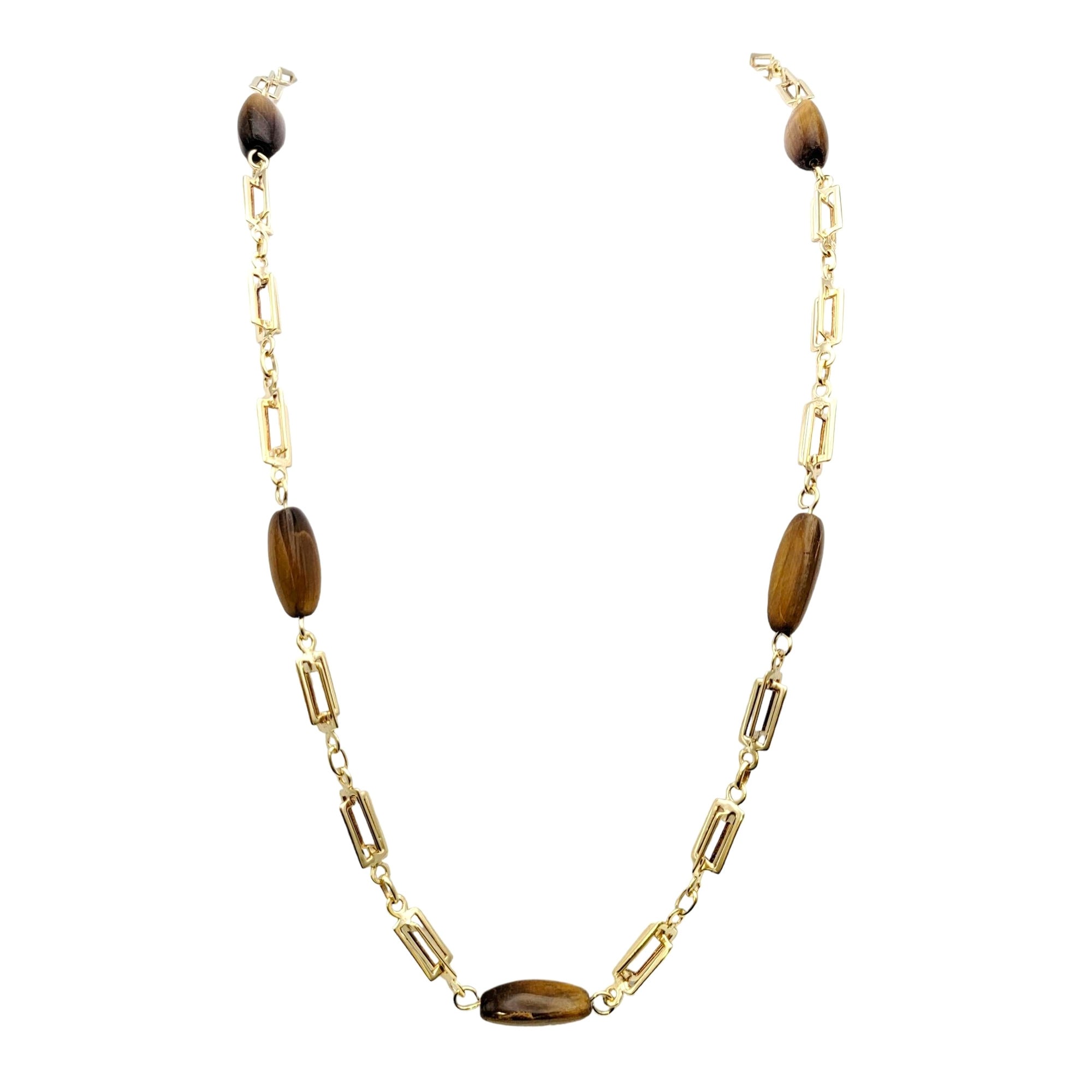 Triangular Cabochon Tiger's Eye Station Necklace 14 Karat Gold Chain For Sale