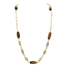 Triangular Cabochon Tiger's Eye Station Necklace 14 Karat Gold Chain