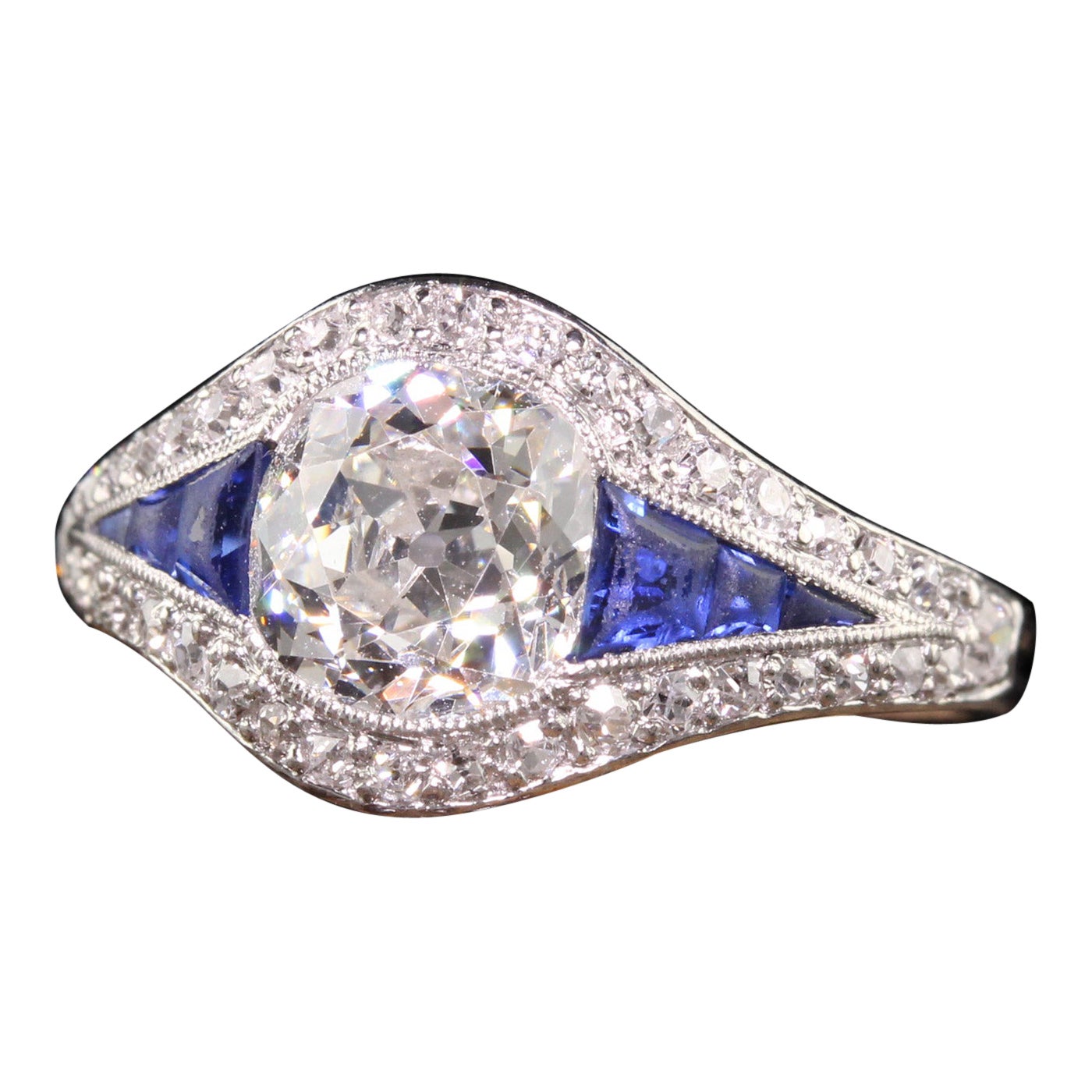 Antique Art Deco Platinum Old Mine Cut Diamond Sapphire Engagement Ring For Sale