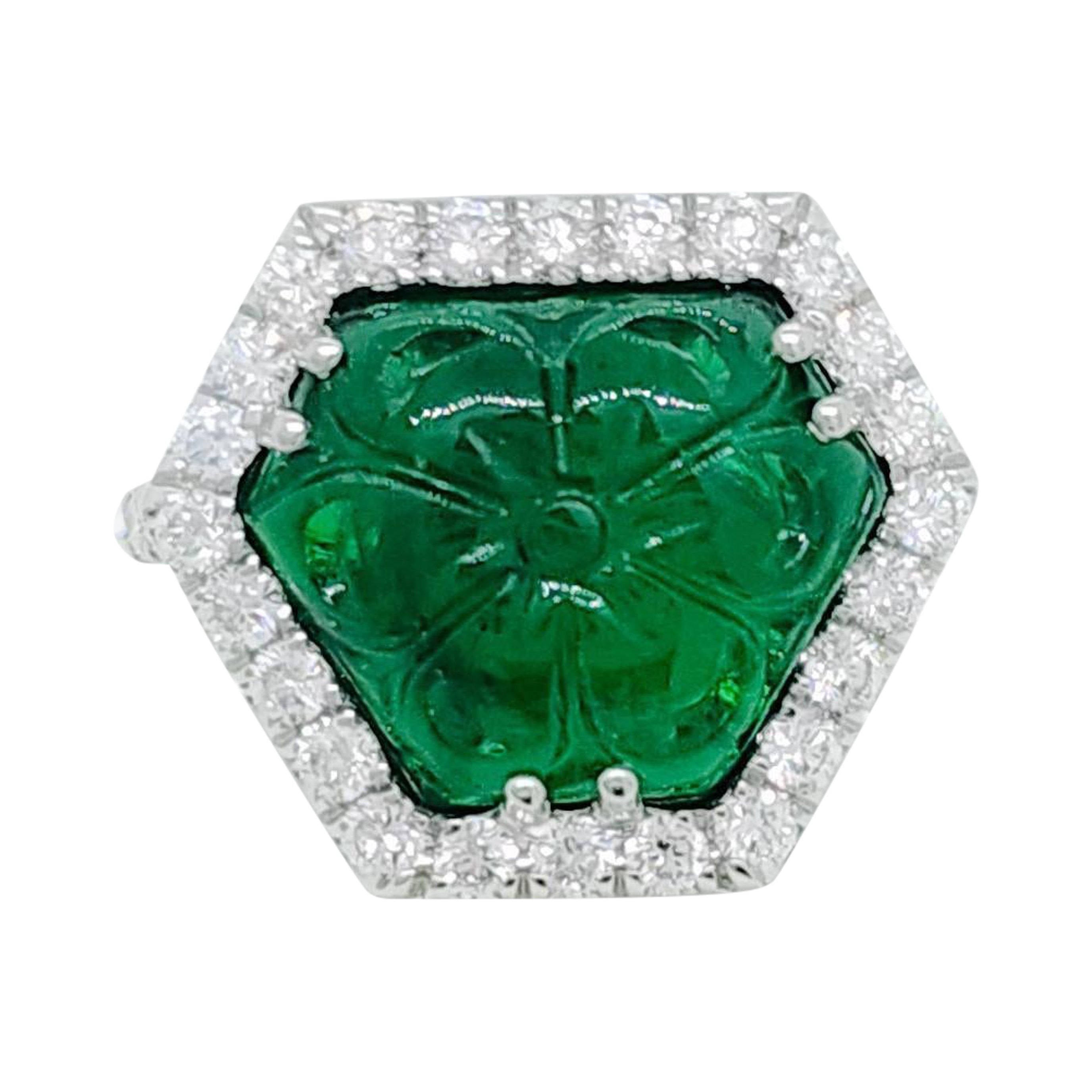 Carved Emerald Fancy Shape and White Diamond Round Ring in Platinum For Sale