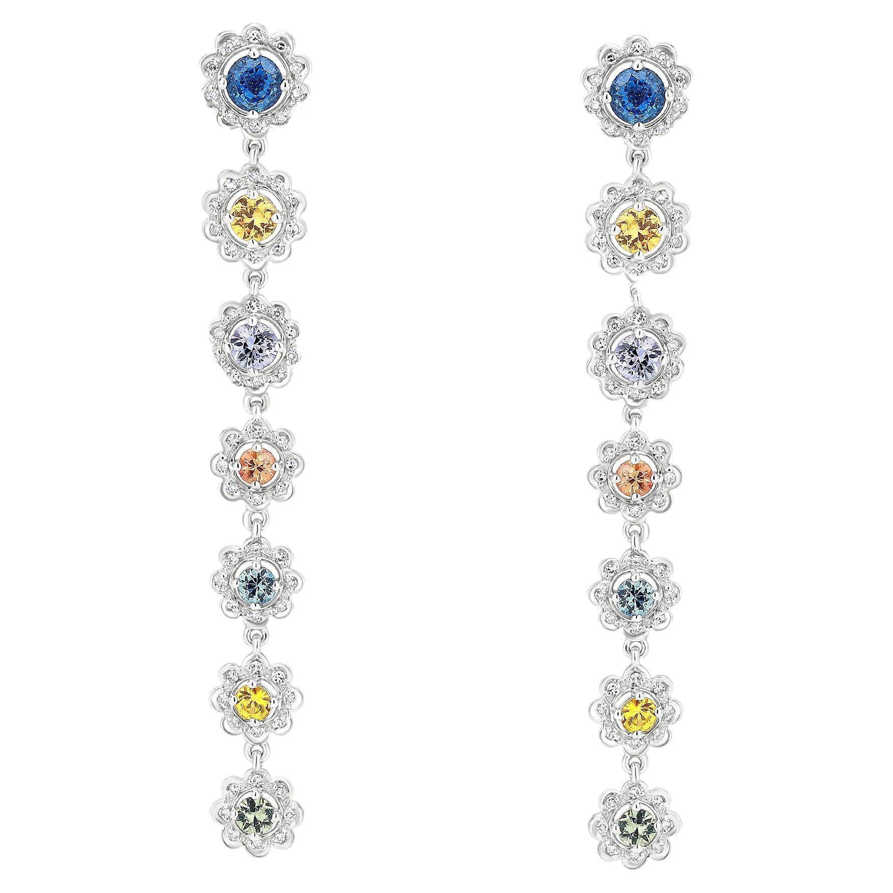 Gemistry 2.18 Cts. Multi Sapphires and Diamond Drop Earrings in 18k White Gold  For Sale