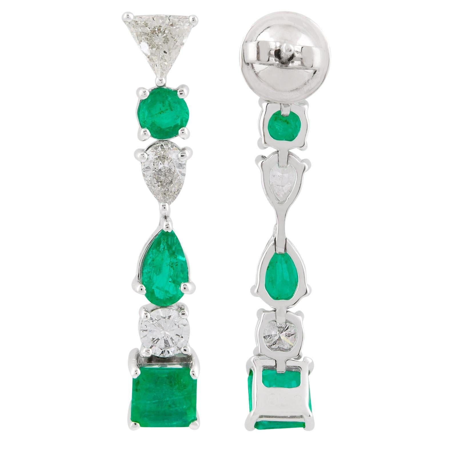 Natural Emerald Gemstone Dangle Earrings Trillion Diamond Solid 14k White Gold For Sale