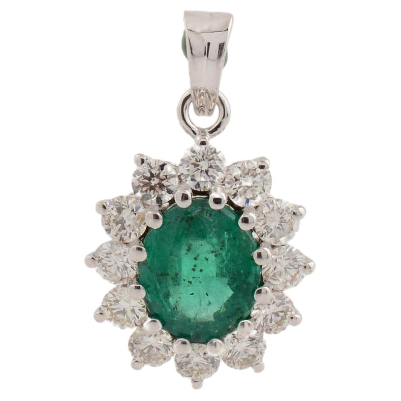 Oval Natural Emerald Gemstone Charm Pendant Diamond 14 Karat White Gold Jewelry For Sale