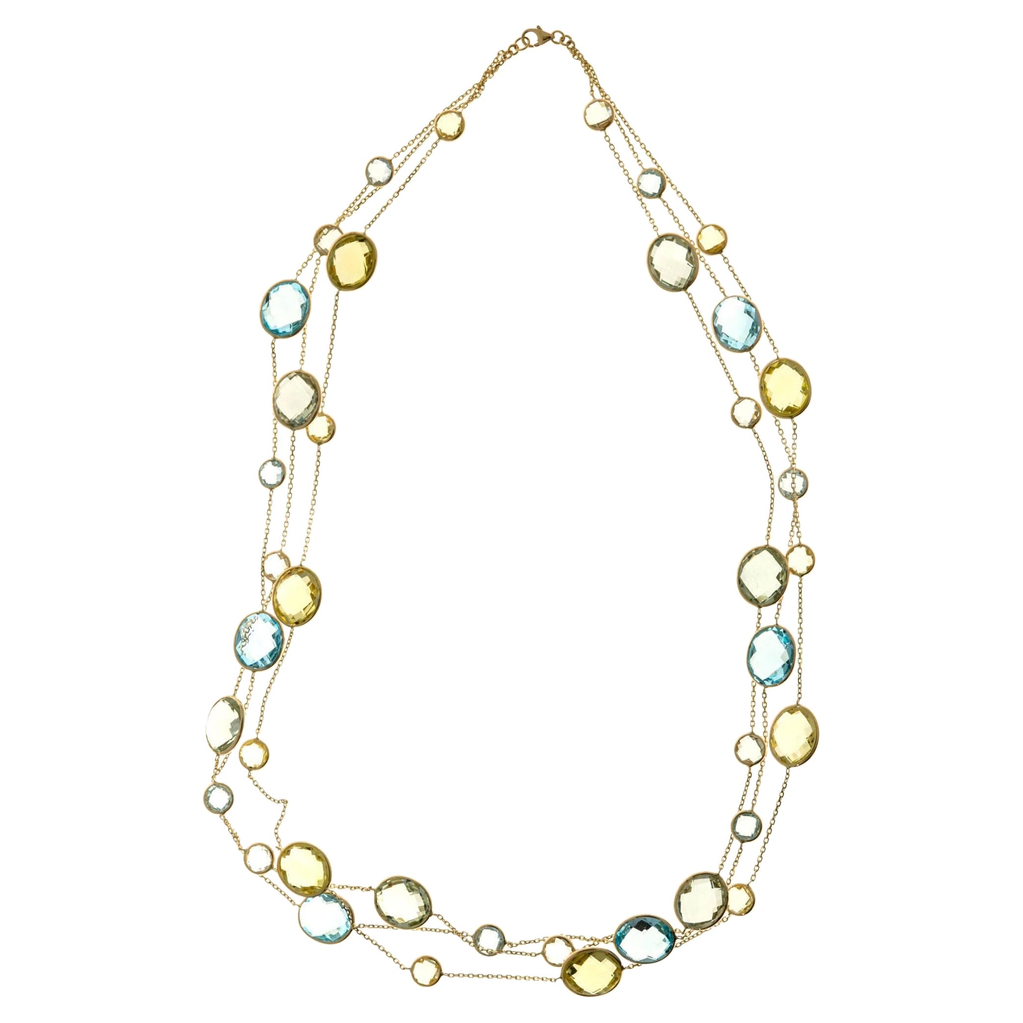 70.00 Cart Lemon Quartz Blue Topaz Green Amethyst Gold Three Strand Necklace For Sale