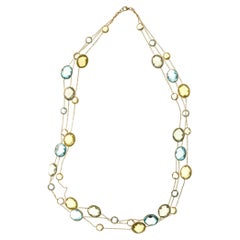 70.00 Cart Lemon Quartz Blue Topaz Green Amethyst Gold Three Strand Necklace