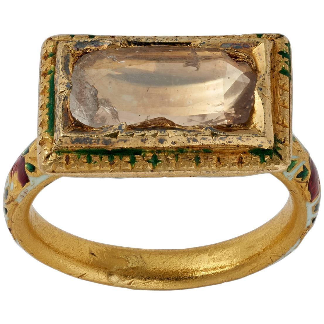 Antique Indian Enamel Diamond Gold Ring For Sale