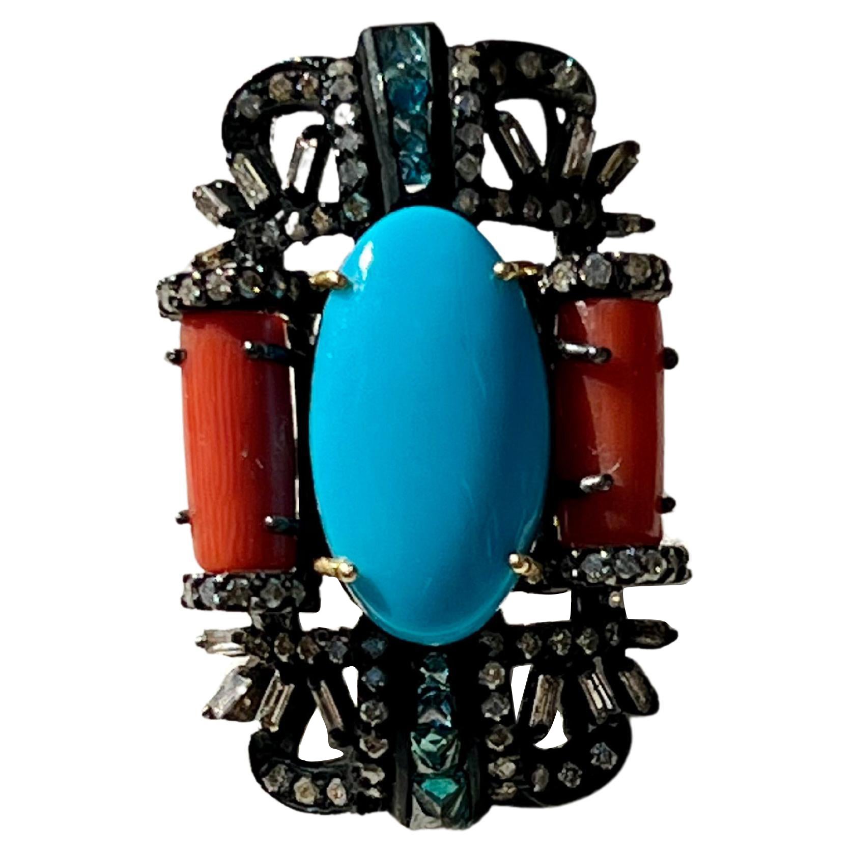 Oxidized Sterling Silver Turquoise, Coral and Diamond Ring For Sale